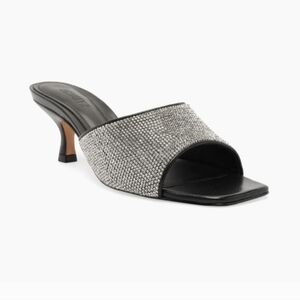 SCHUTZ Black Leather Slip-On Heels with Silver Crystal Embellishment